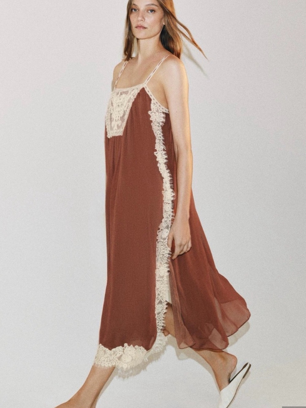 NWT Zara Lace Strap Midi Maxi Dress with Cream Lace Brick Small 5107/088 - Picture 7 of 9
